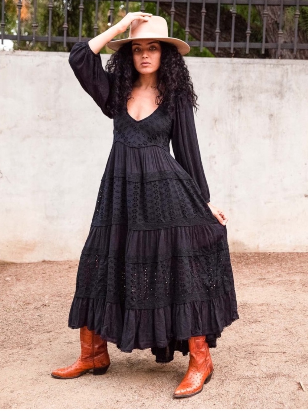 Free People Mockingbird Boho Black  Cottagecore Eyelet Tiered Maxi Dress Sz XS